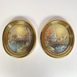 2 Vtg Homco Oval Gold Frame Wall Decor Lakeside Church Prints Swan Ducks Geese